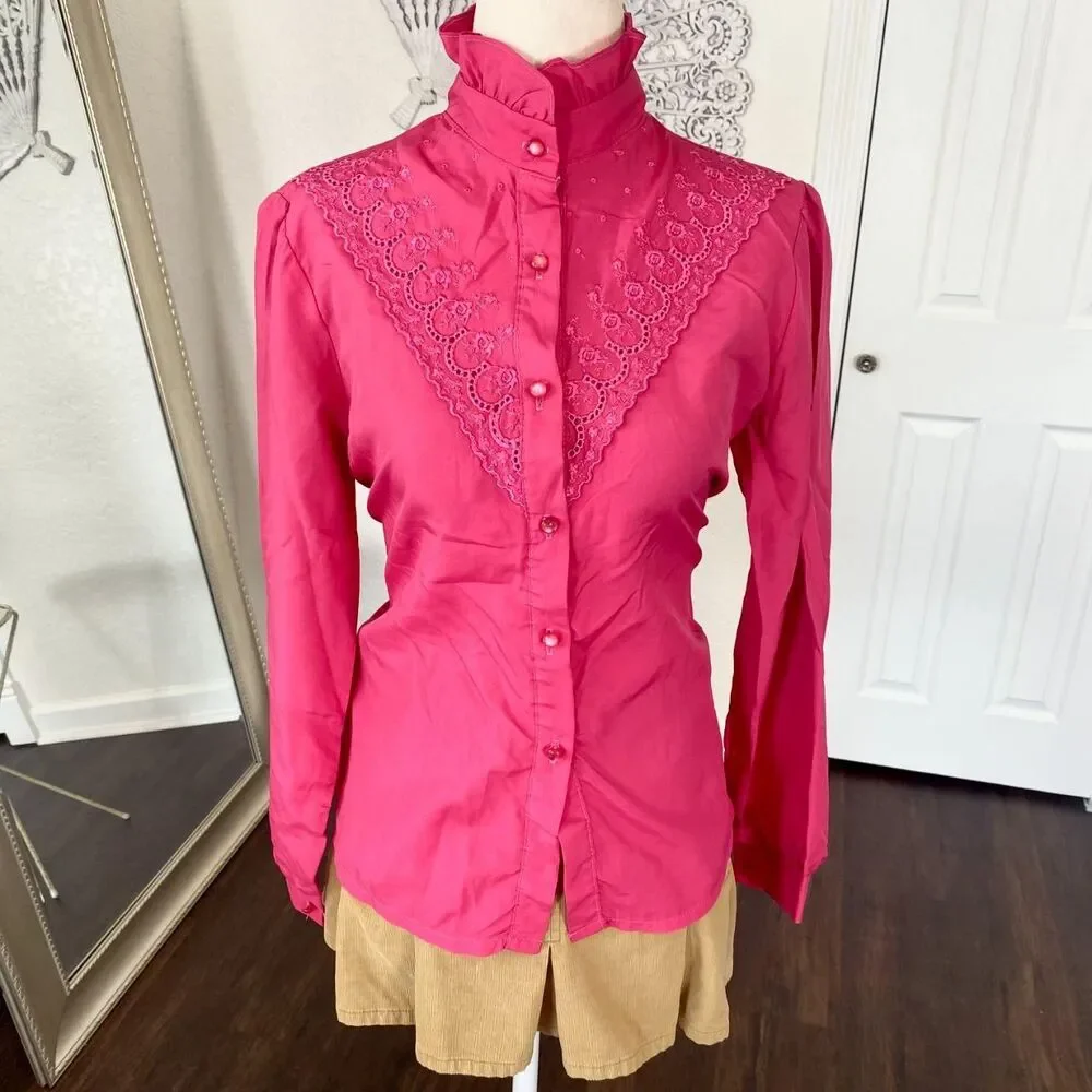 Vintage Pink Cottage Core Prairie High Neck Lace Button Up Blouse M / 10 - Picture 3 of 7
